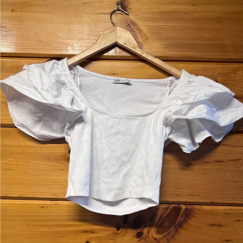 ZARA White Ruffled Puff Short Short Sleeve White Medium Top